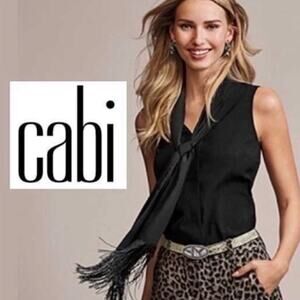 Cabi Blouse Womens Size S Black Fringe Tie Neck Sleeveless Hidden Buttons Career